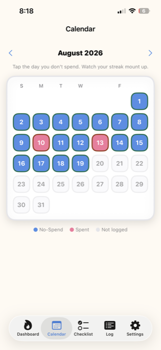 No Spend Tracker calendar screen showing a nearly full month of no-spend days