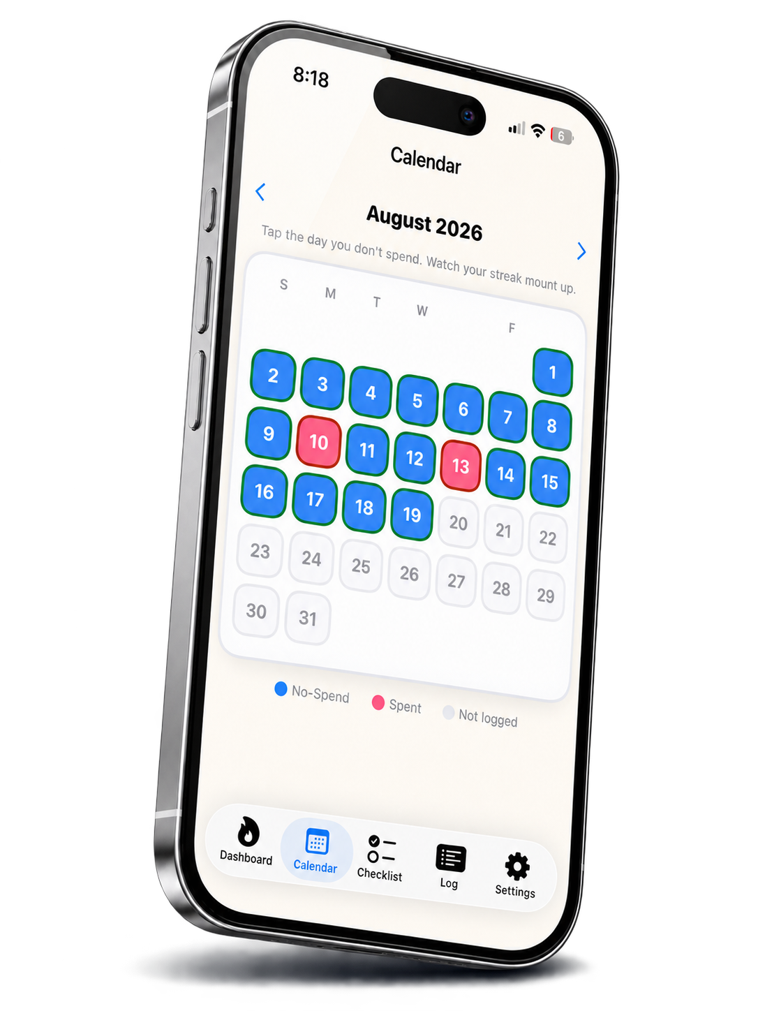 No Spend Tracker app calendar screen with a nearly full month of no-spend days marked blue