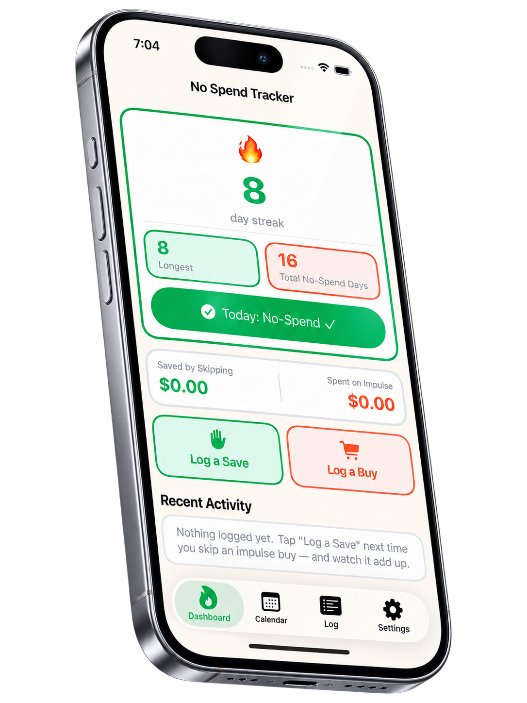 No Spend Tracker app dashboard showing an 8-day streak and savings totals